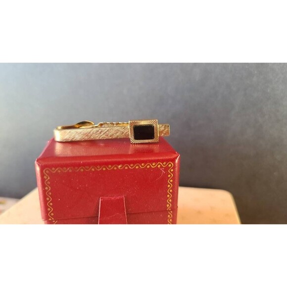 Dante Gold Tone Tie Bar with Black Glass Accent Vintage - Picture 1 of 10